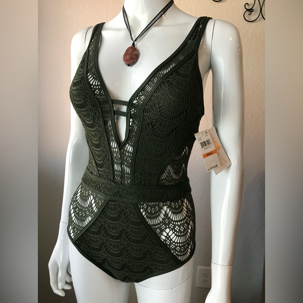 NEW WITH TAGS BECCA Olive Green Crochet One Piece Swimsuit